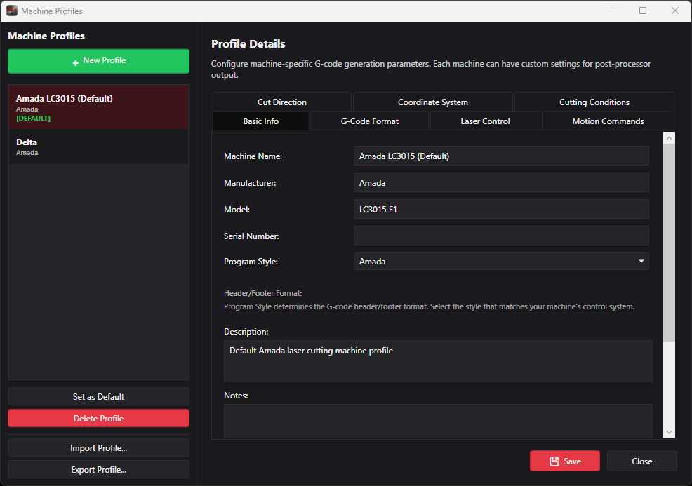 Machine Profiles dialog configuring G-code generation parameters for an Amada LC3015 laser