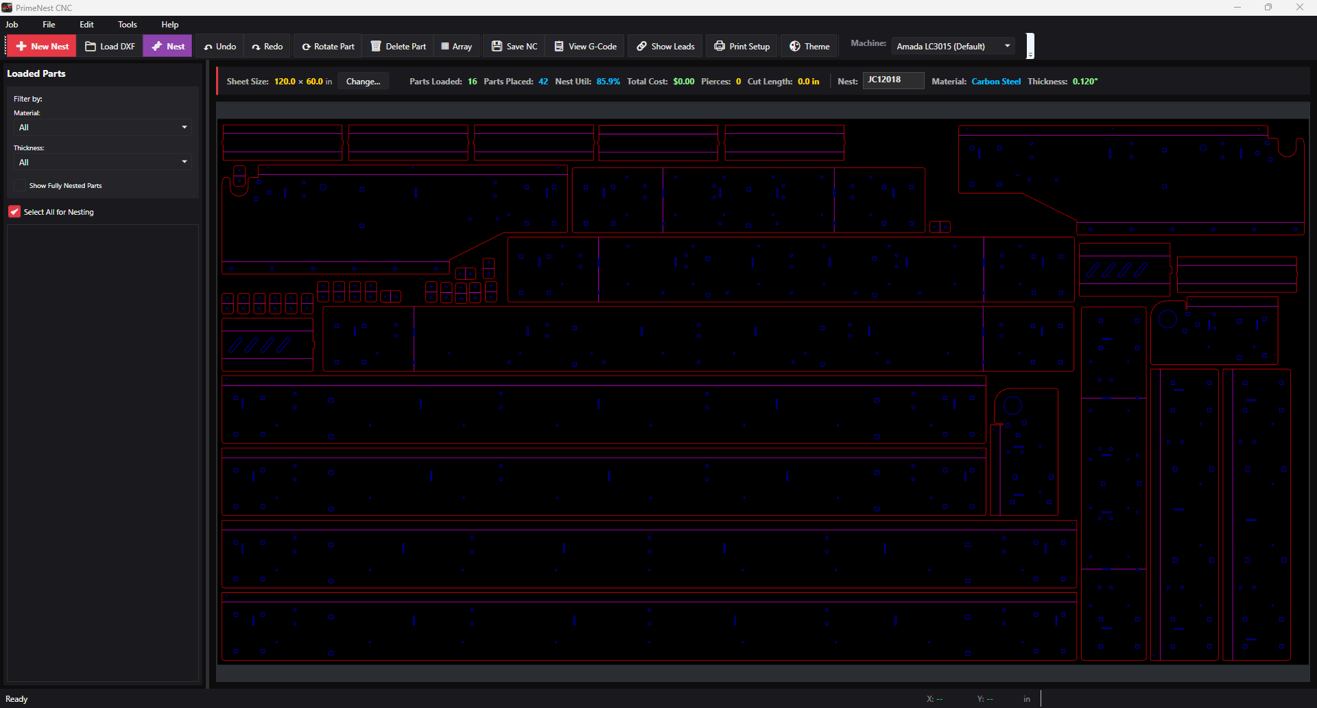 PrimeNEST nest view with 42 parts placed on a 120 by 60 inch carbon steel sheet at 85.9 percent utilization